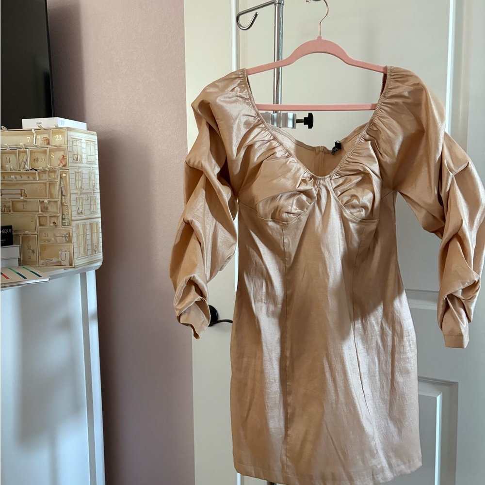 Boohoo Tan Ruched Sleeve dress